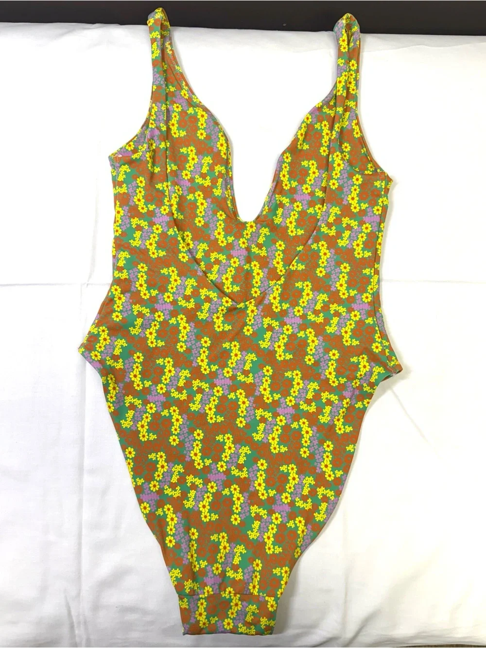 Out From Under Floral Plunge One Piece Swimsuit High Cut Retro Boho Size S - Picture 3 of 9
